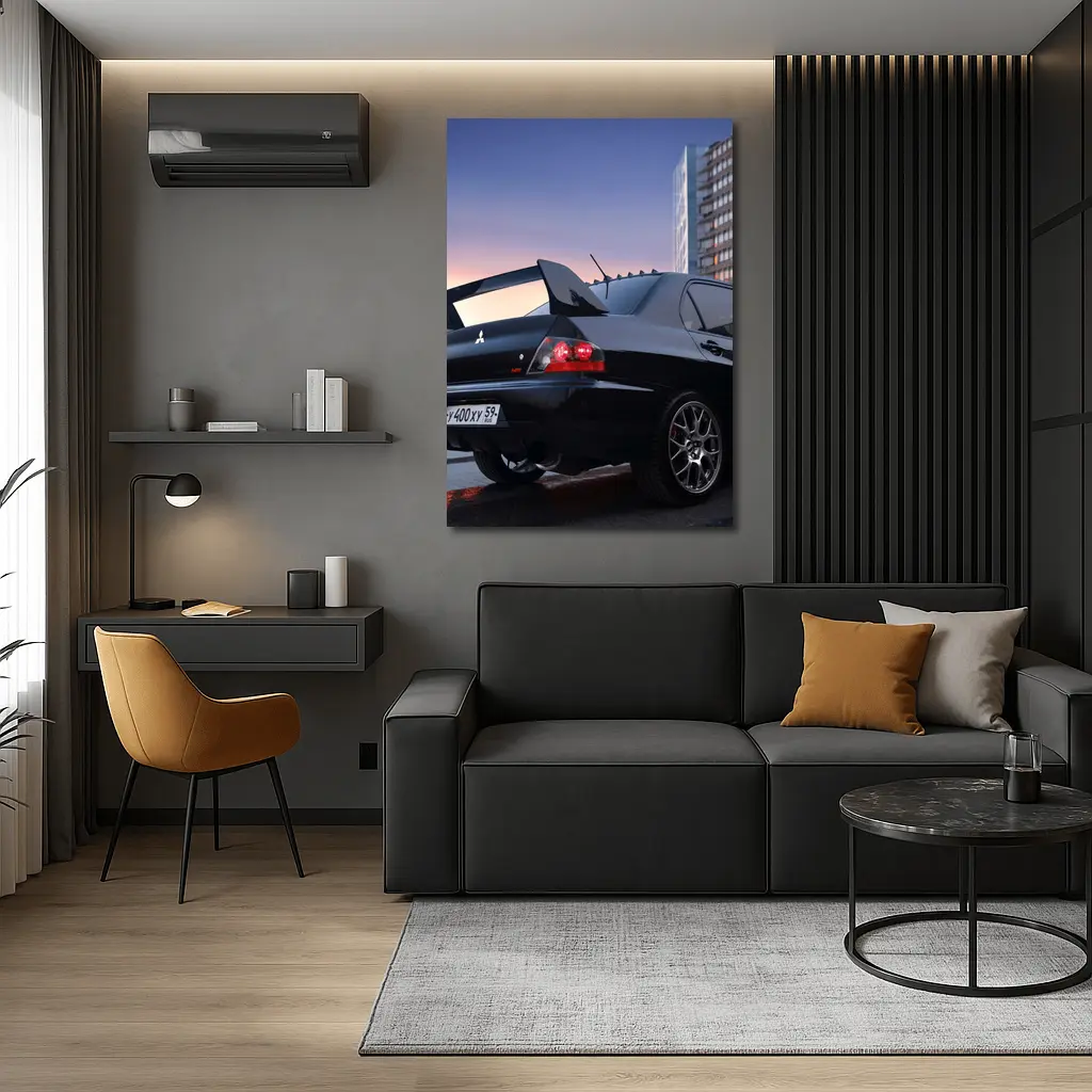Mitsubishi Lancer Evolution Black City Sunset – Wall Art