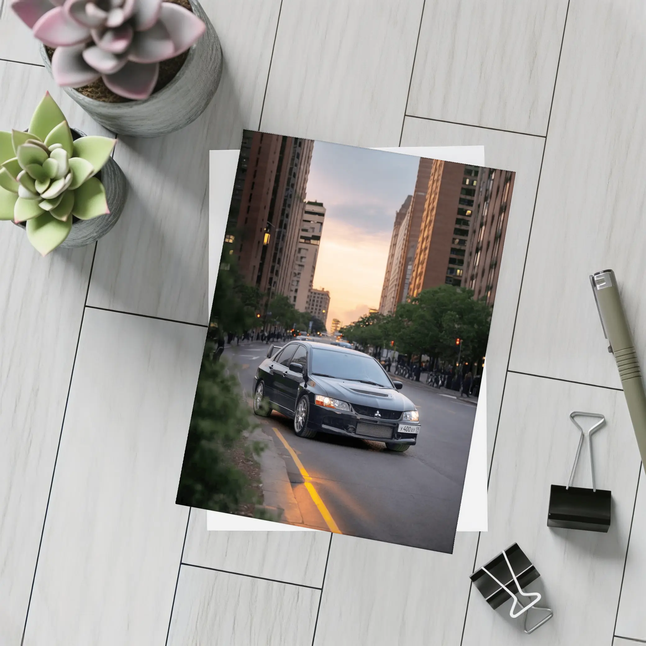 Mitsubishi Lancer Evolution Black City Sunset – Postcards