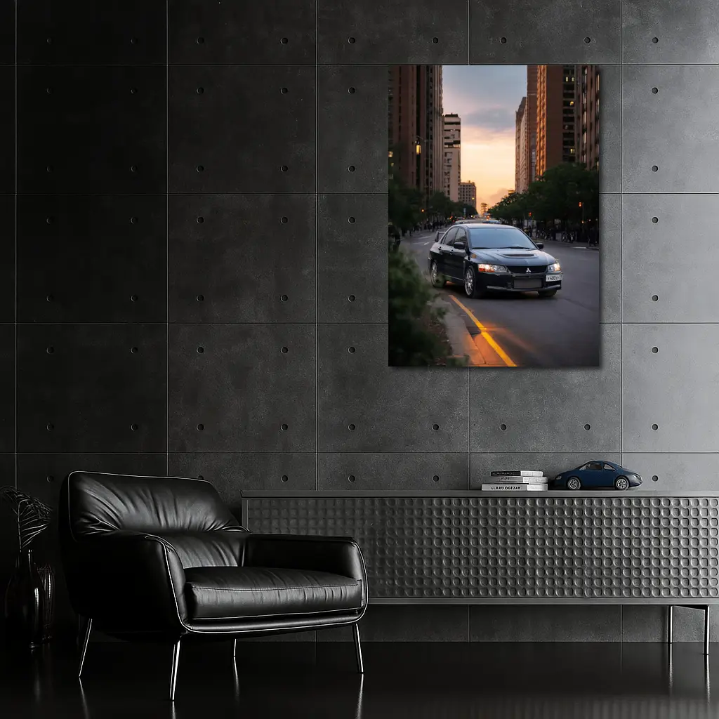 Mitsubishi Lancer Evolution Black City Sunset – Wall Art
