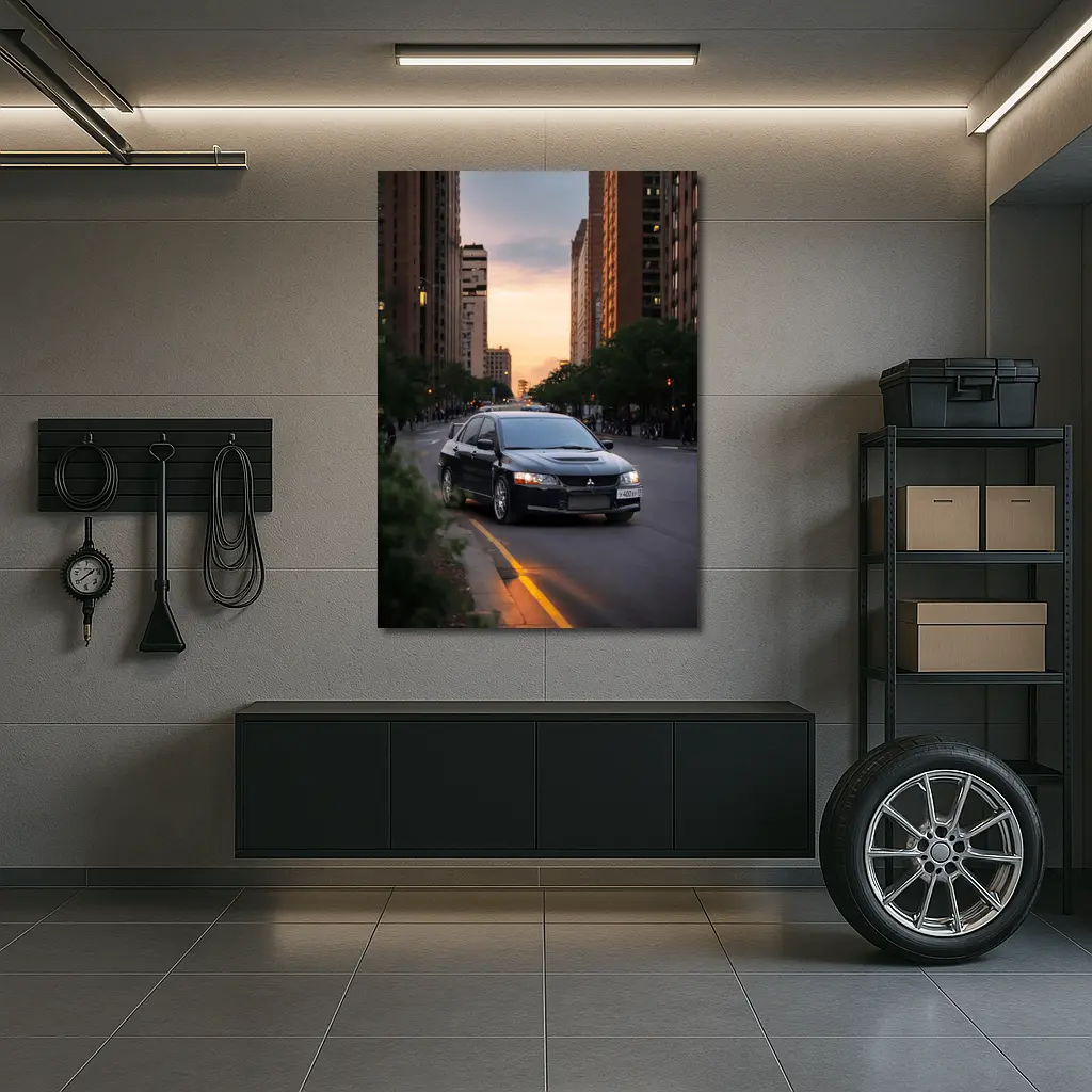 Mitsubishi Lancer Evolution Black City Sunset – Wall Art