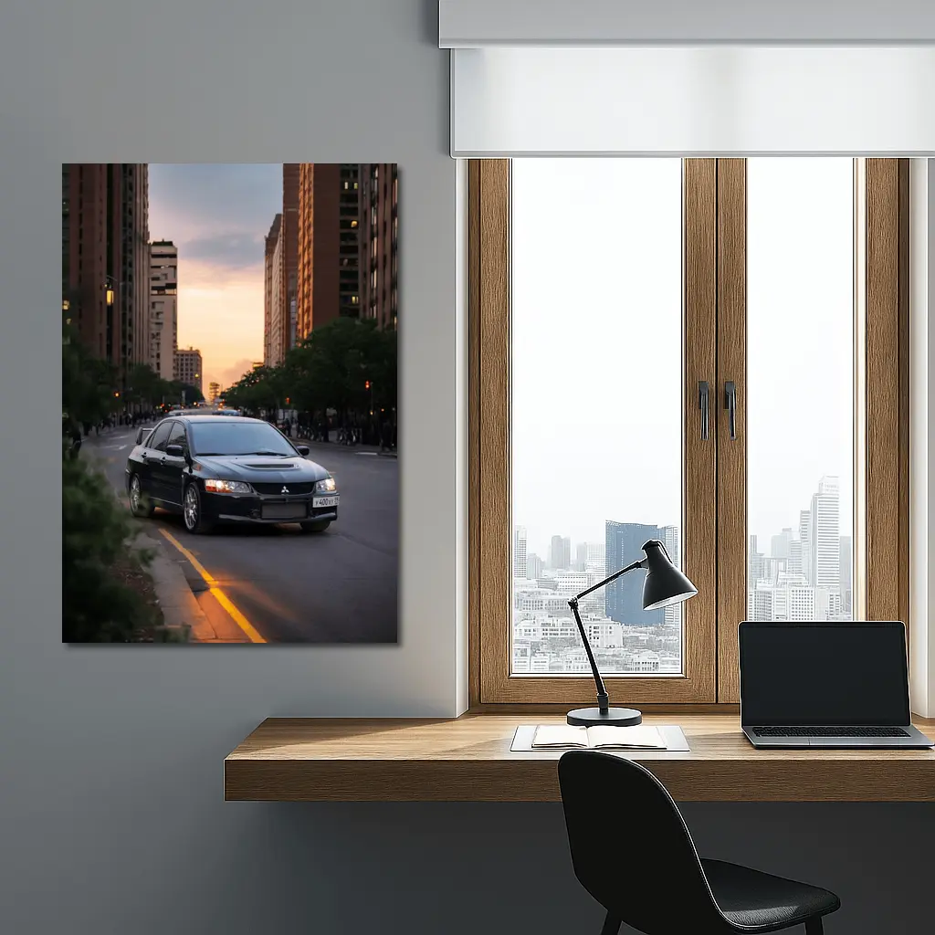 Mitsubishi Lancer Evolution Black City Sunset – Wall Art