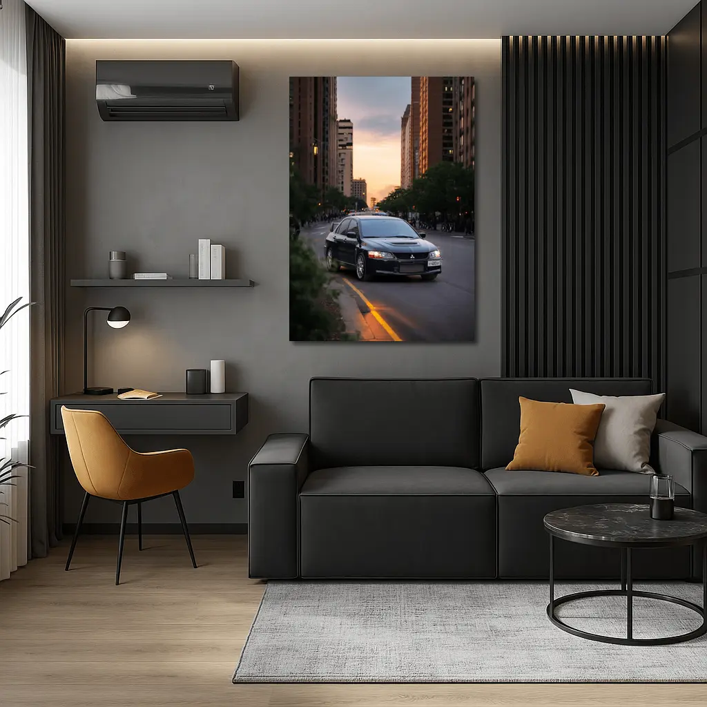 Mitsubishi Lancer Evolution Black City Sunset – Wall Art