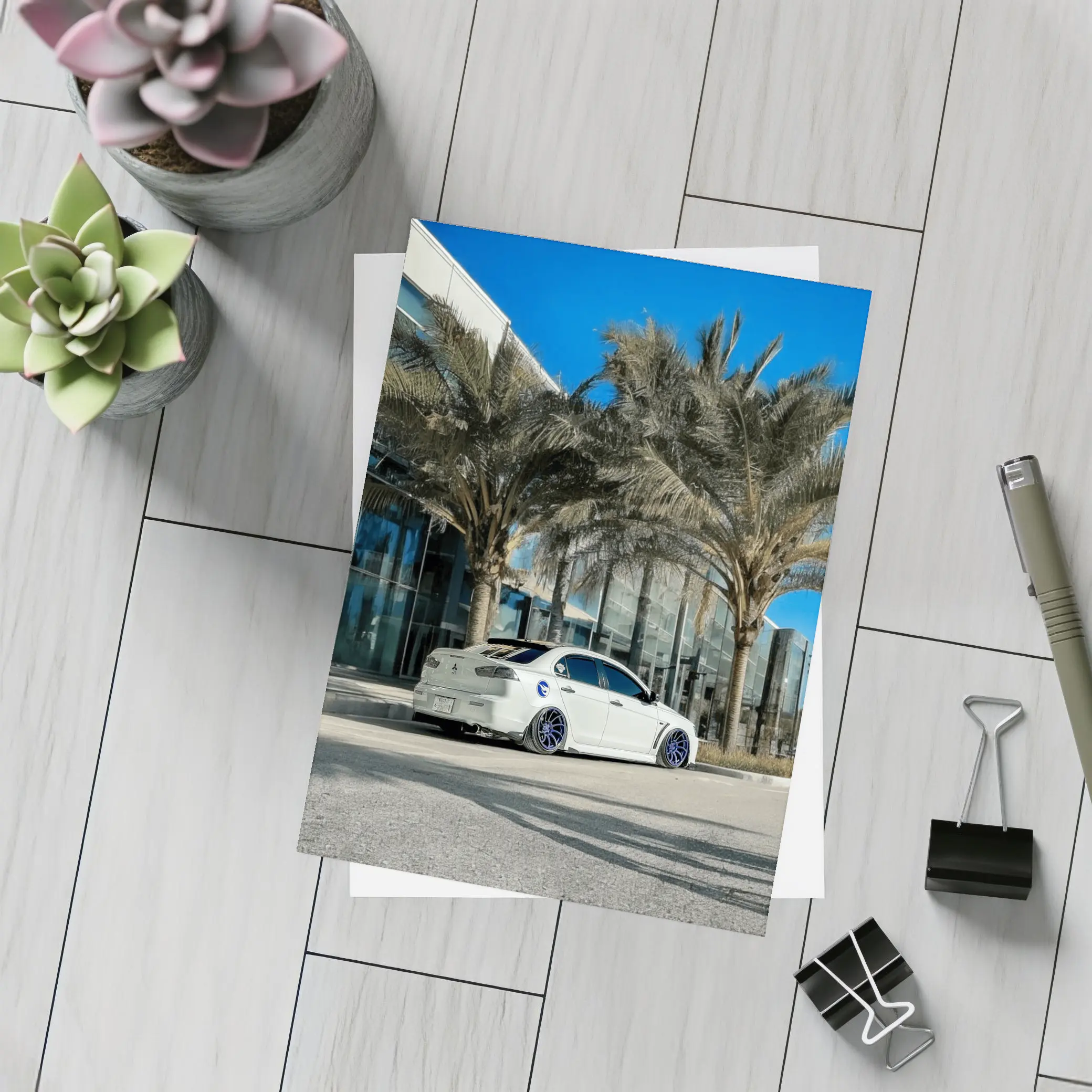 Mitsubishi Lancer Stance White Palm Tree City – Postcards