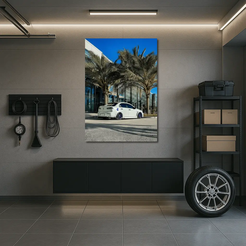 Mitsubishi Lancer Stance White Palm Tree City – Wall Art
