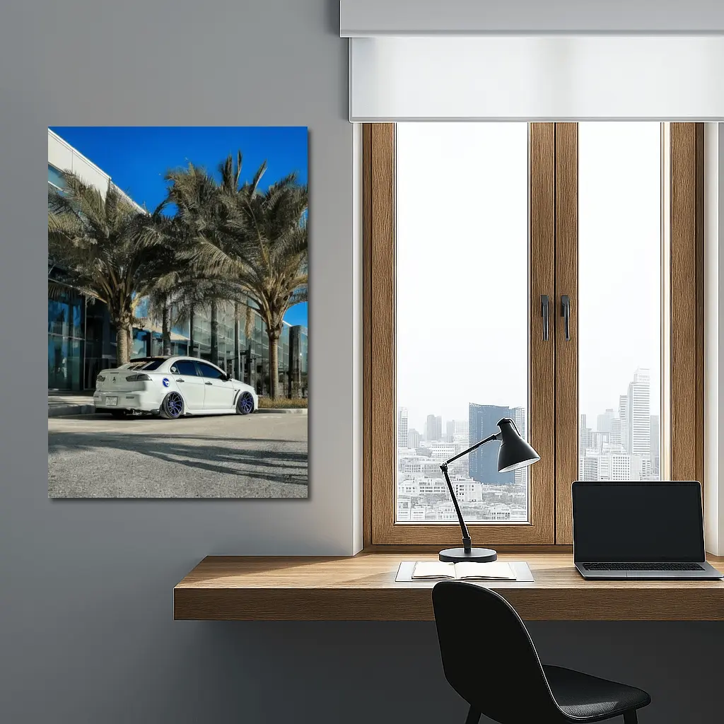 Mitsubishi Lancer Stance White Palm Tree City – Wall Art