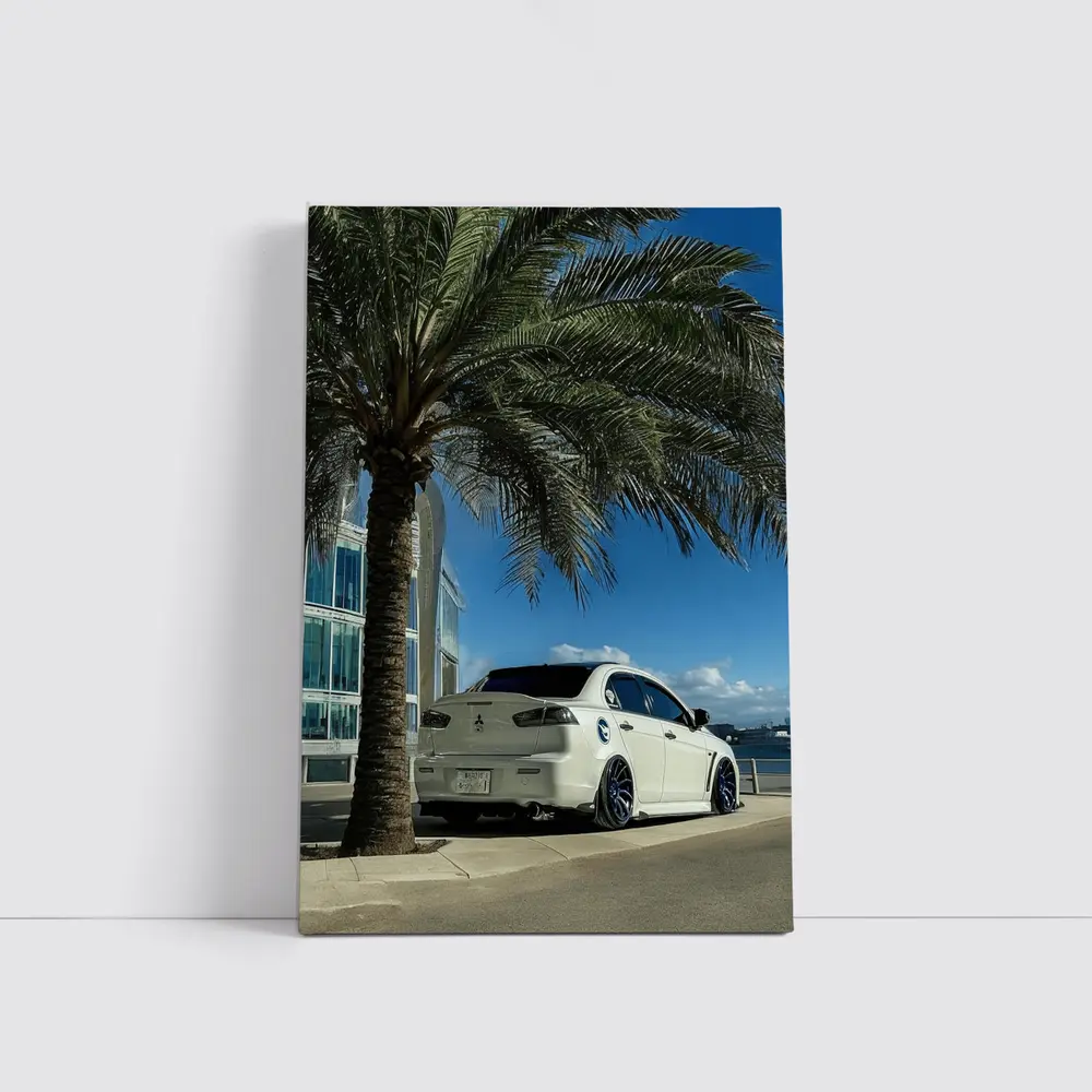 Mitsubishi Lancer White Stance City Palm Tree – Wall Art