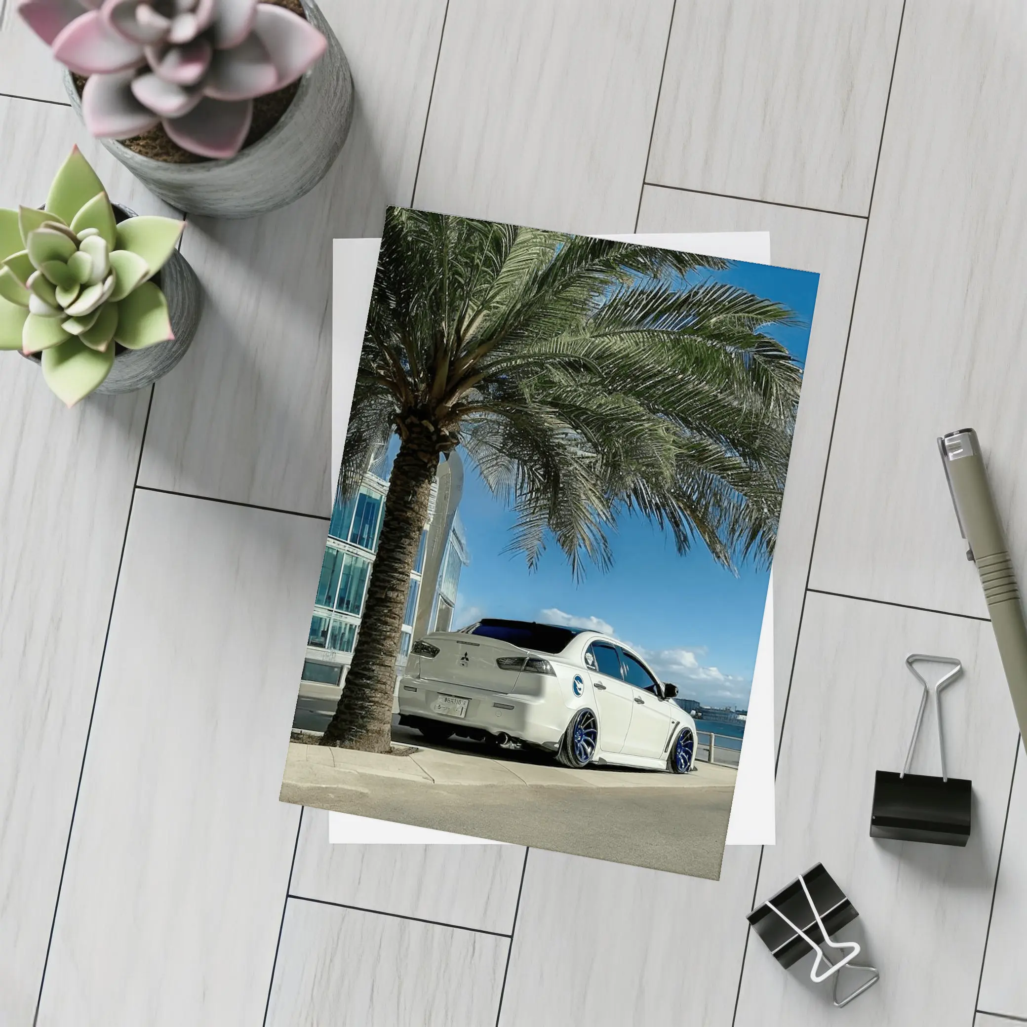 Mitsubishi Lancer White Stance City Palm Tree – Postcards