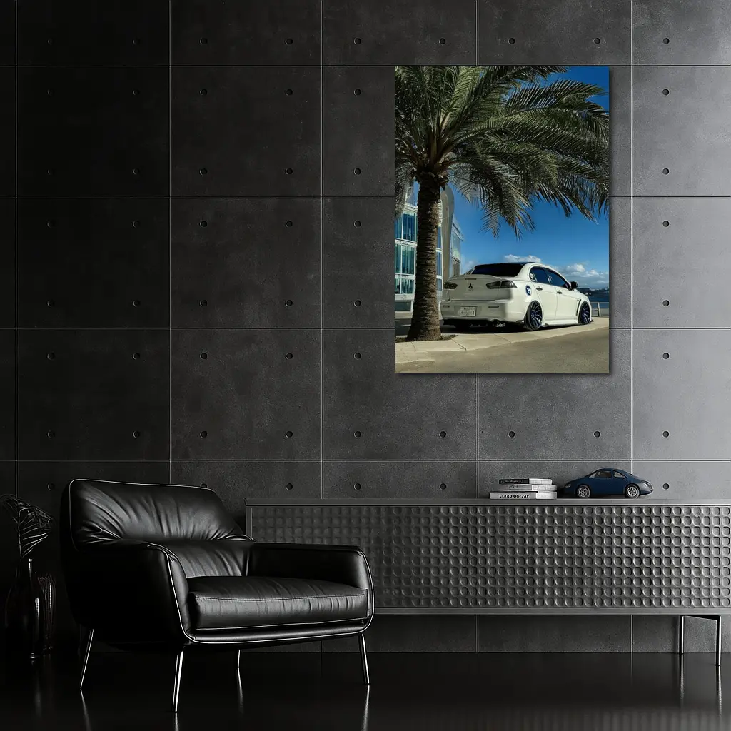 Mitsubishi Lancer White Stance City Palm Tree – Wall Art