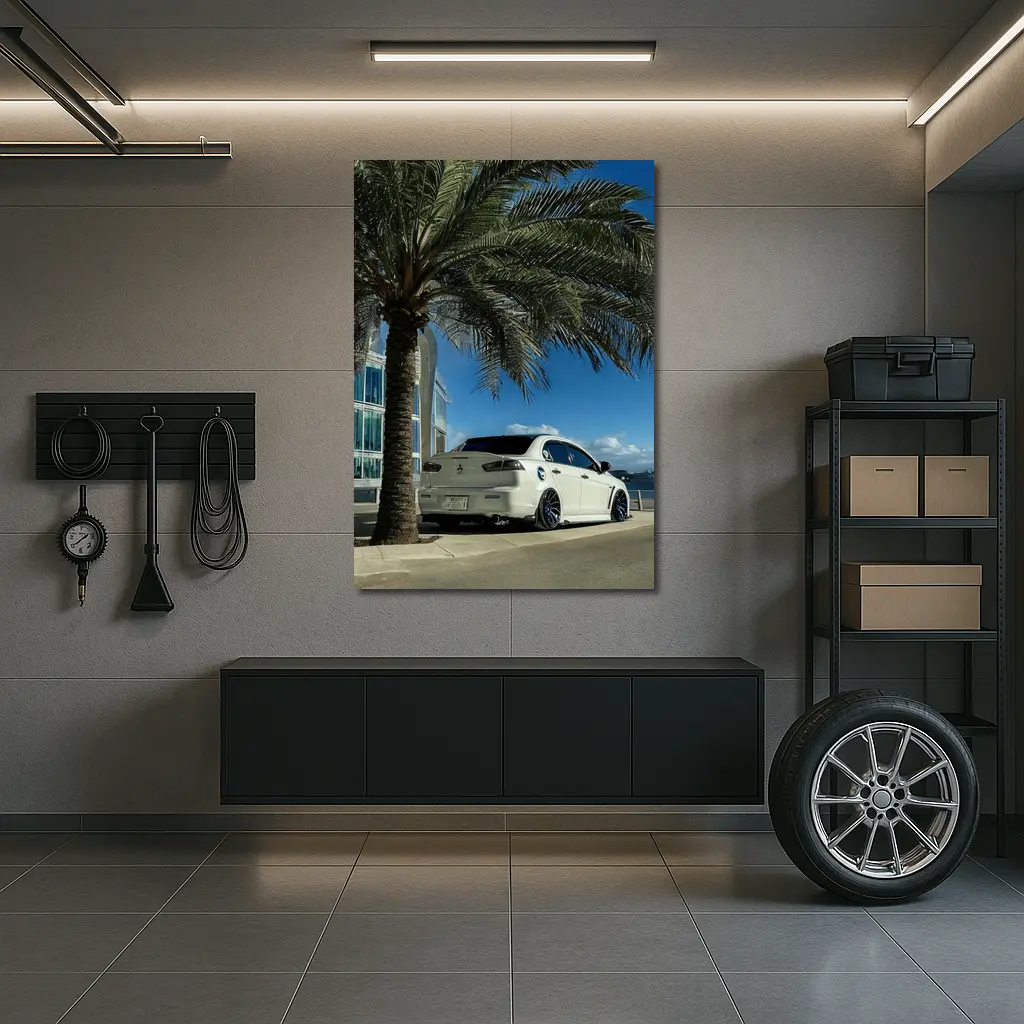 Mitsubishi Lancer White Stance City Palm Tree – Wall Art