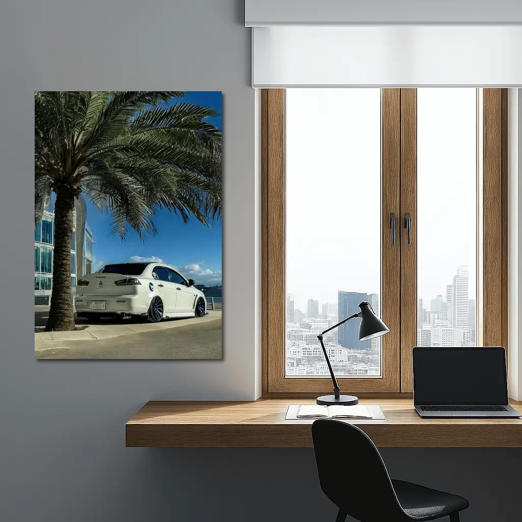 Mitsubishi Lancer White Stance City Palm Tree – Wall Art