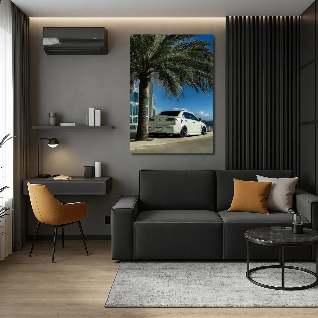 Mitsubishi Lancer White Stance City Palm Tree – Wall Art