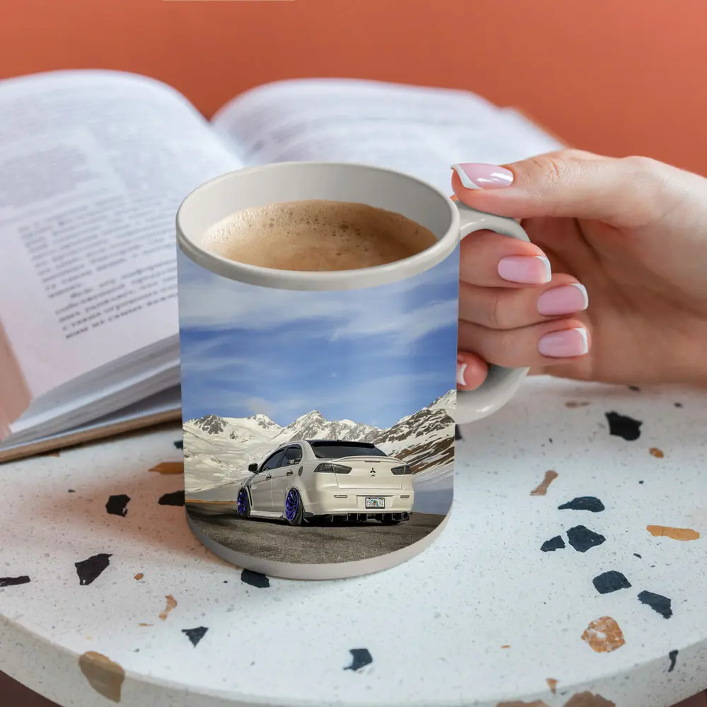 Mitsubishi Lancer Evo White Snowy Mountains – Mugs