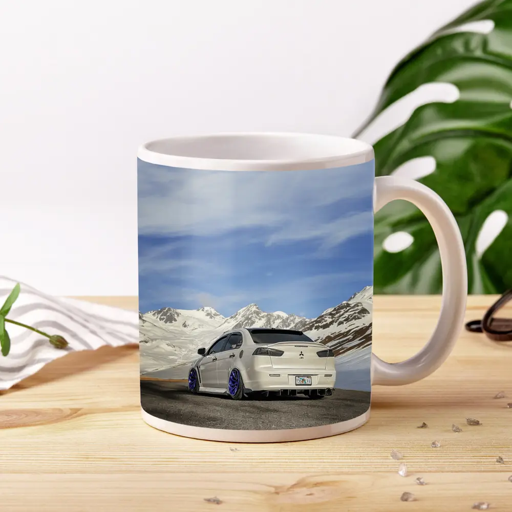 Mitsubishi Lancer Evo White Snowy Mountains – Mugs
