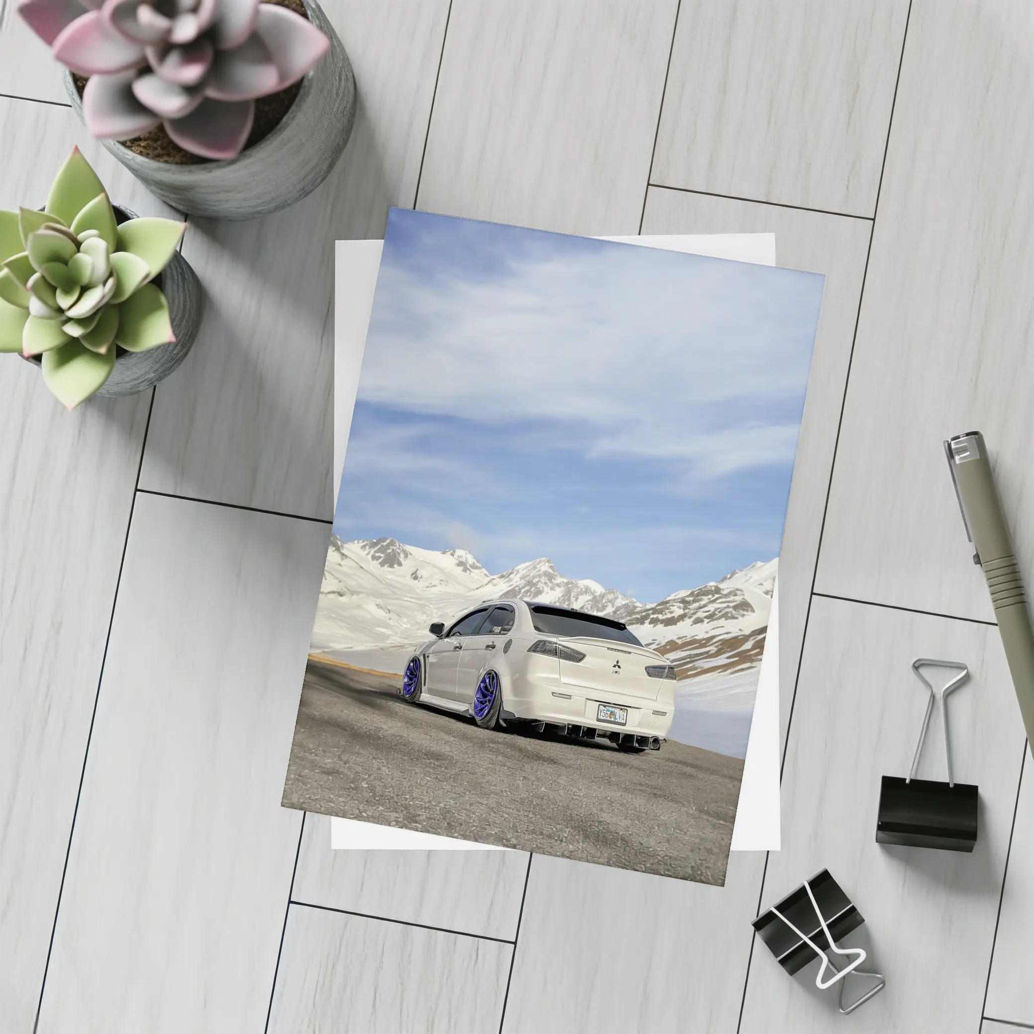Mitsubishi Lancer Evo White Snowy Mountains – Postcards