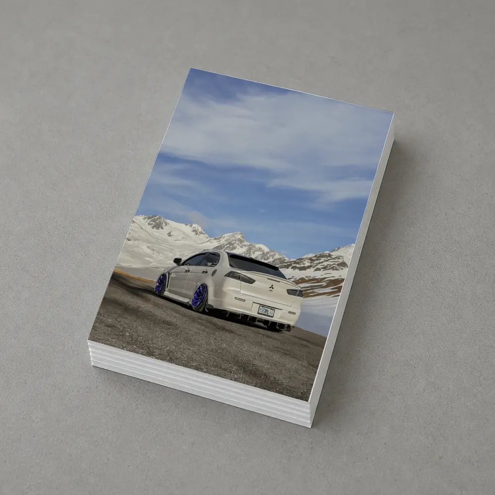 Mitsubishi Lancer Evo White Snowy Mountains – Postcards