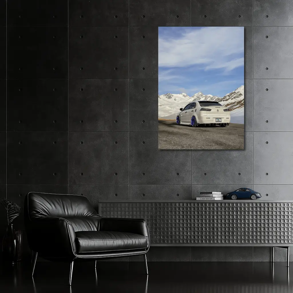 Mitsubishi Lancer Evo White Snowy Mountains – Wall Art