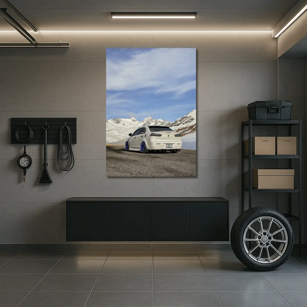 Mitsubishi Lancer Evo White Snowy Mountains – Wall Art