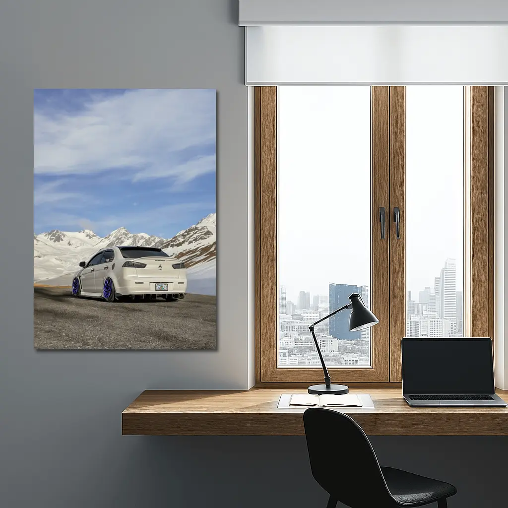Mitsubishi Lancer Evo White Snowy Mountains – Wall Art