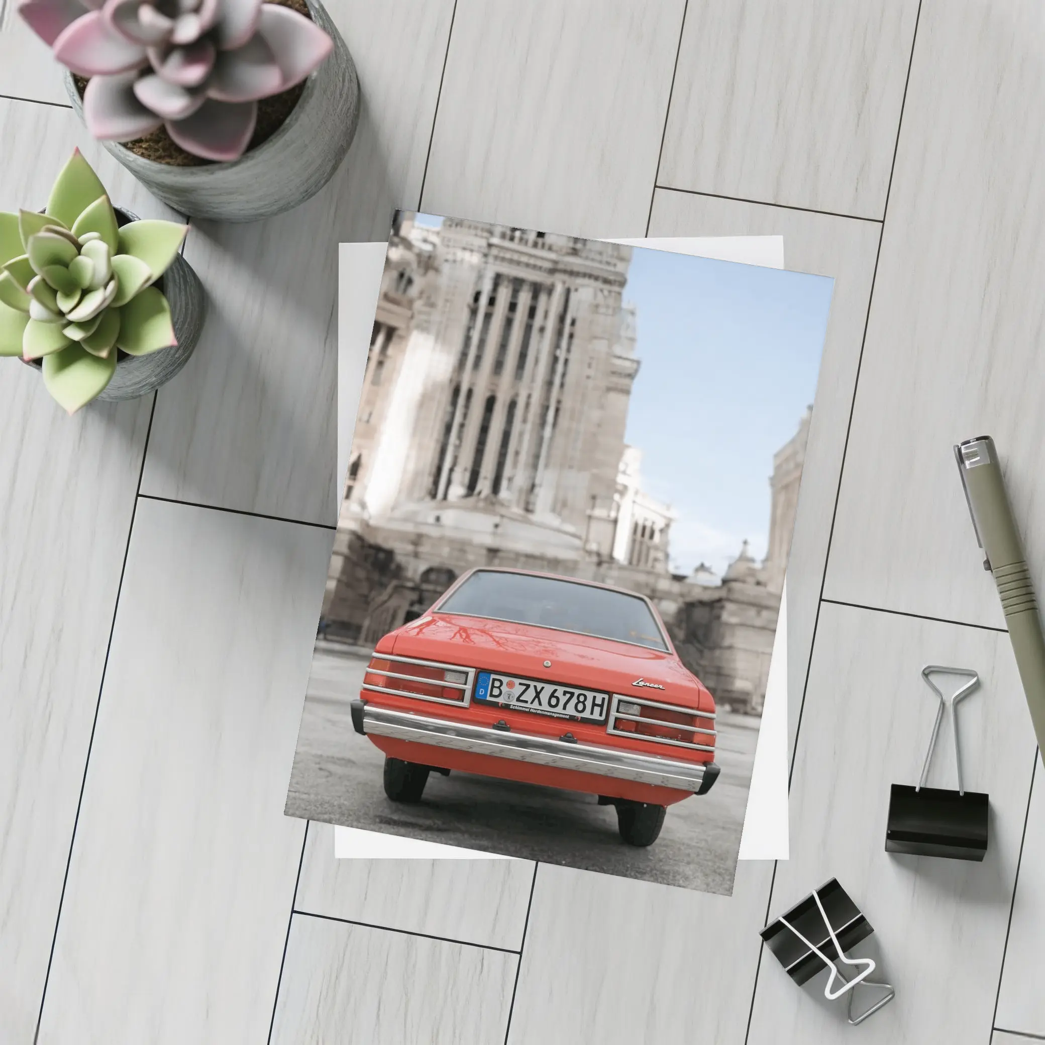 Mitsubishi Lancer Classic Red Old Town Street – Postcards