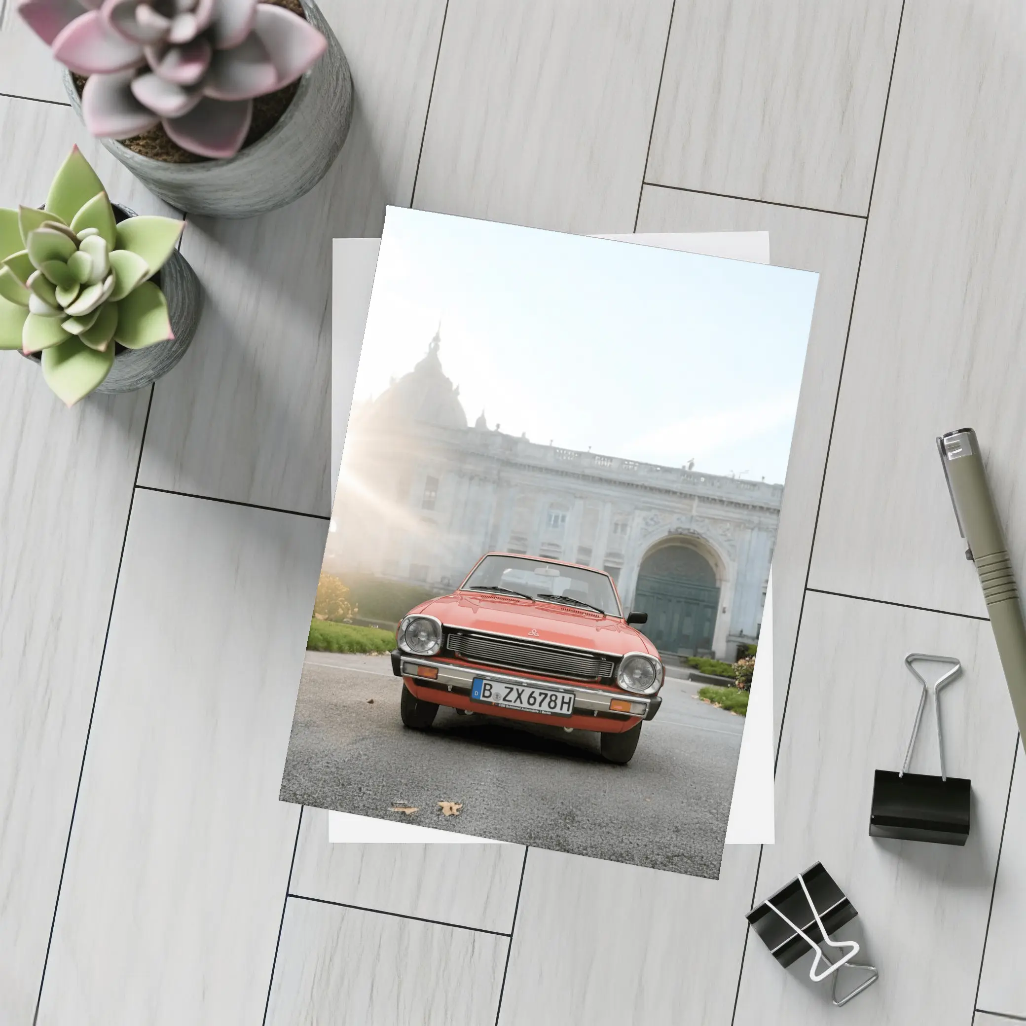Mitsubishi Lancer Red Classic Car European Palace – Postcards