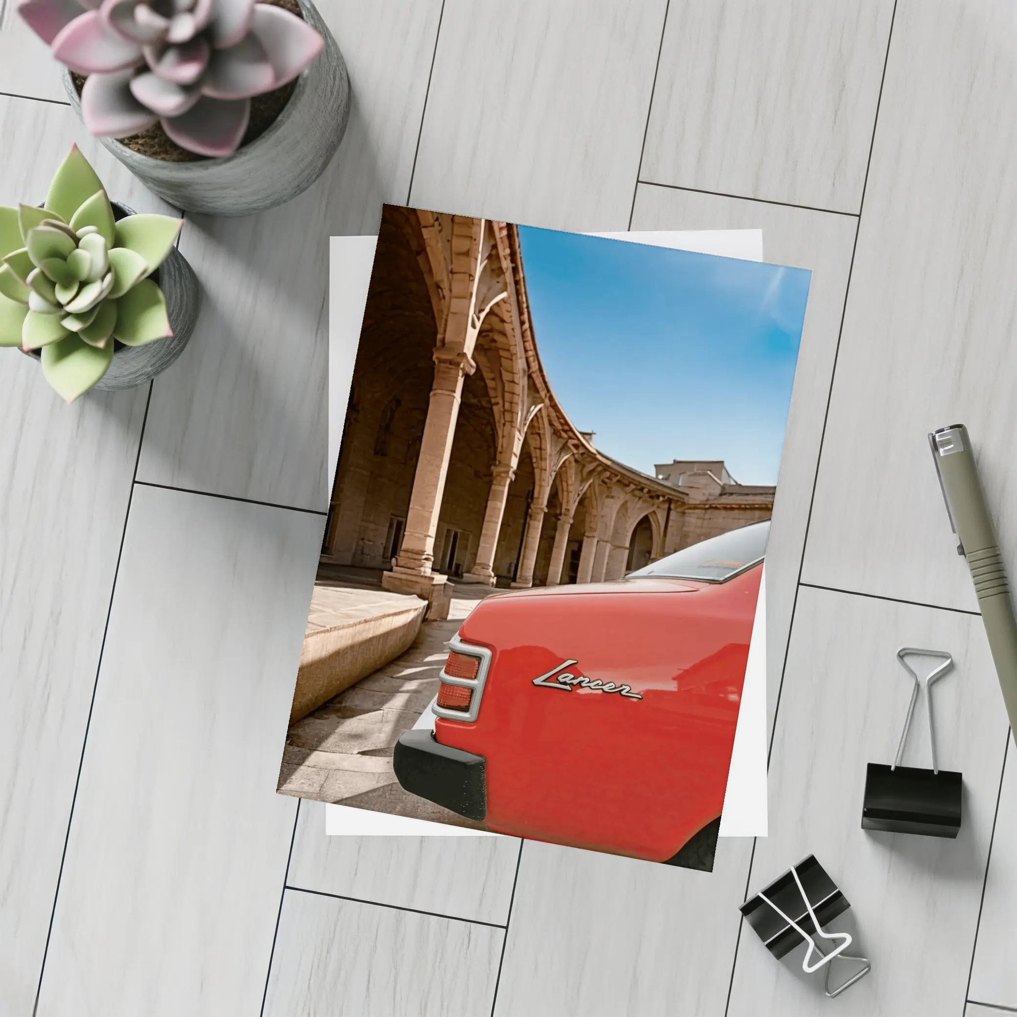 Mitsubishi Lancer Red Classic Car Old Town – Postcards