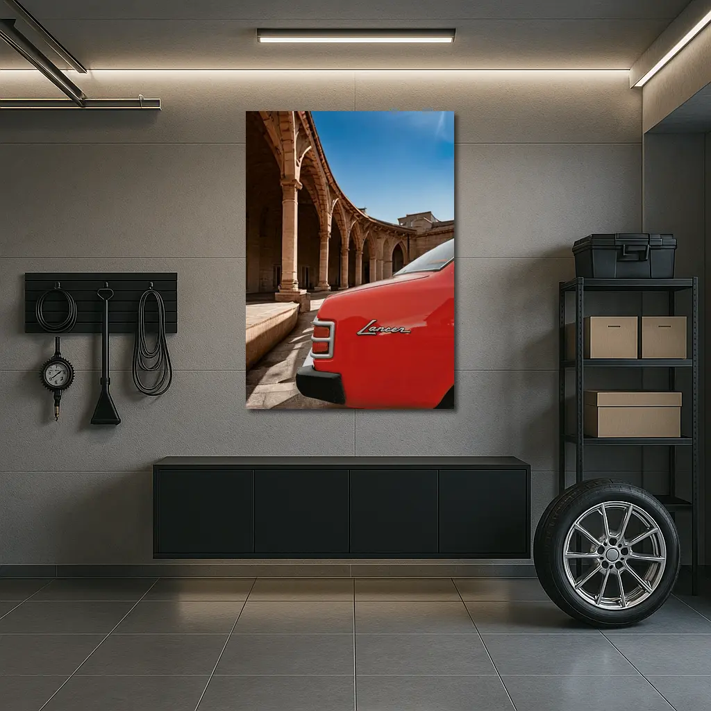 Mitsubishi Lancer Red Classic Car Old Town – Wall Art