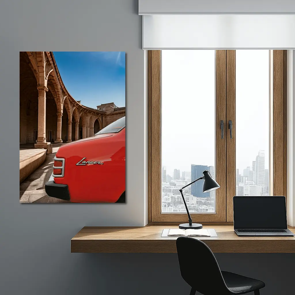 Mitsubishi Lancer Red Classic Car Old Town – Wall Art
