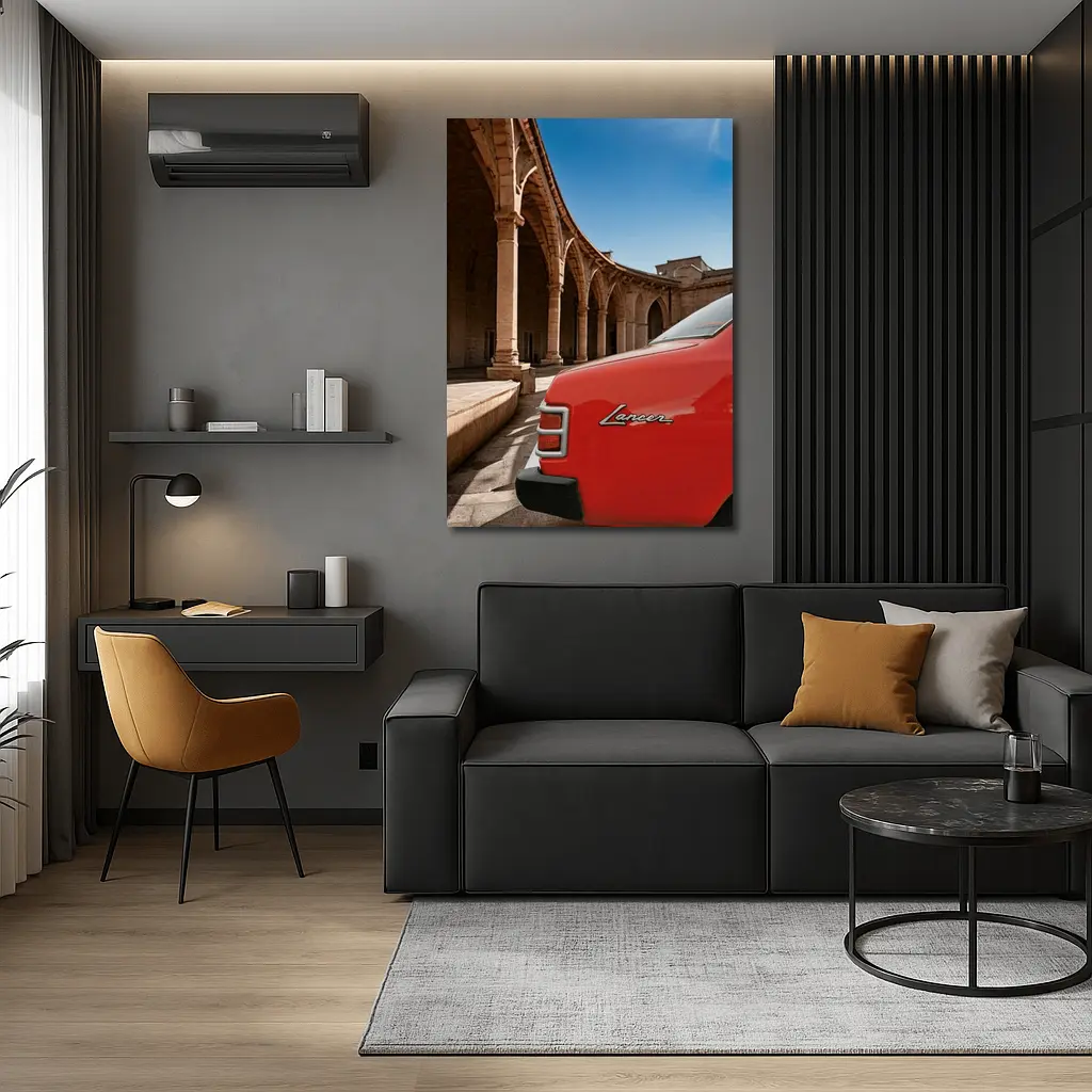 Mitsubishi Lancer Red Classic Car Old Town – Wall Art