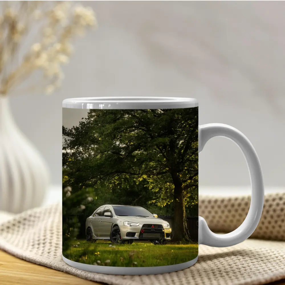 Mitsubishi Lancer Evolution Parked Under Green Trees – Mugs