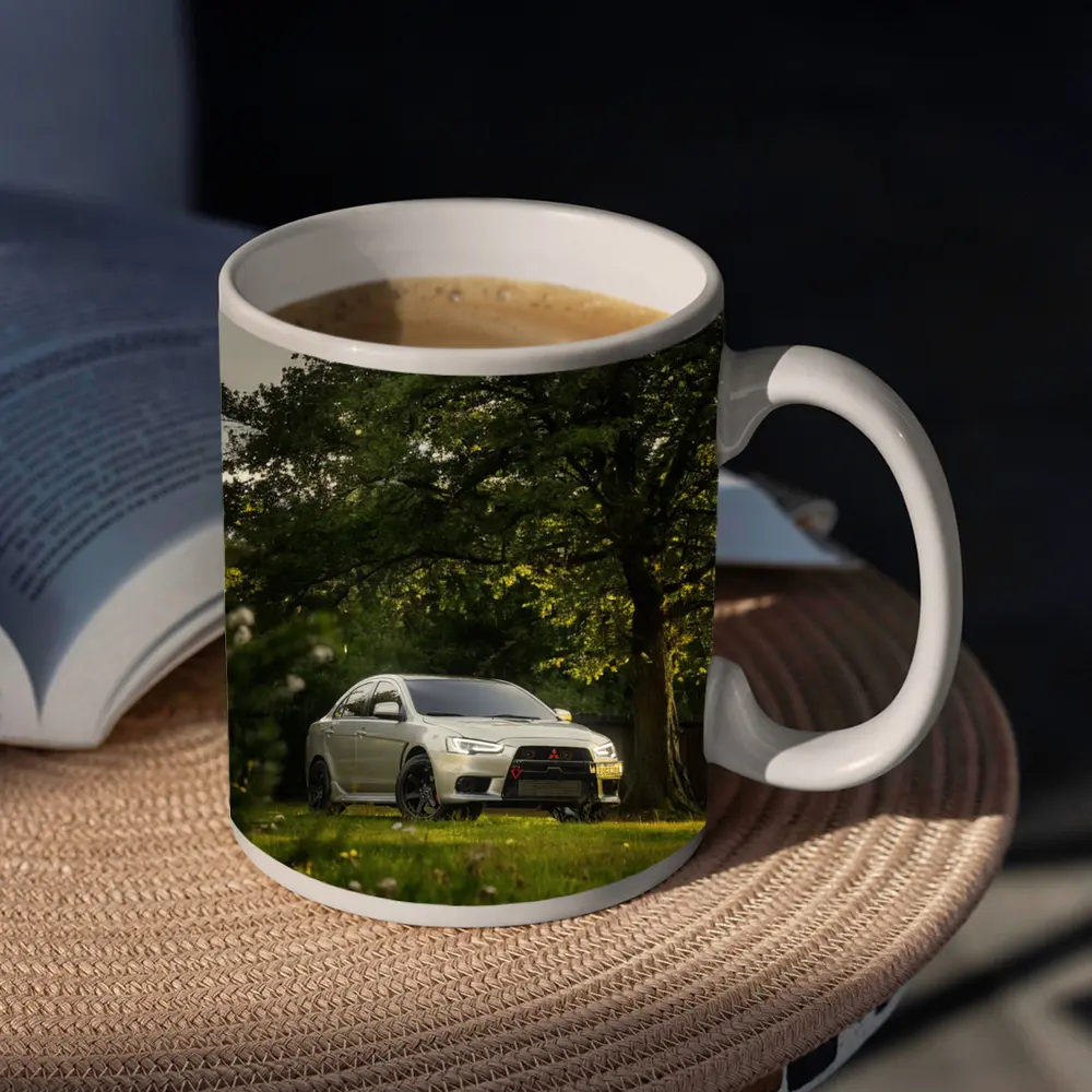 Mitsubishi Lancer Evolution Parked Under Green Trees – Mugs