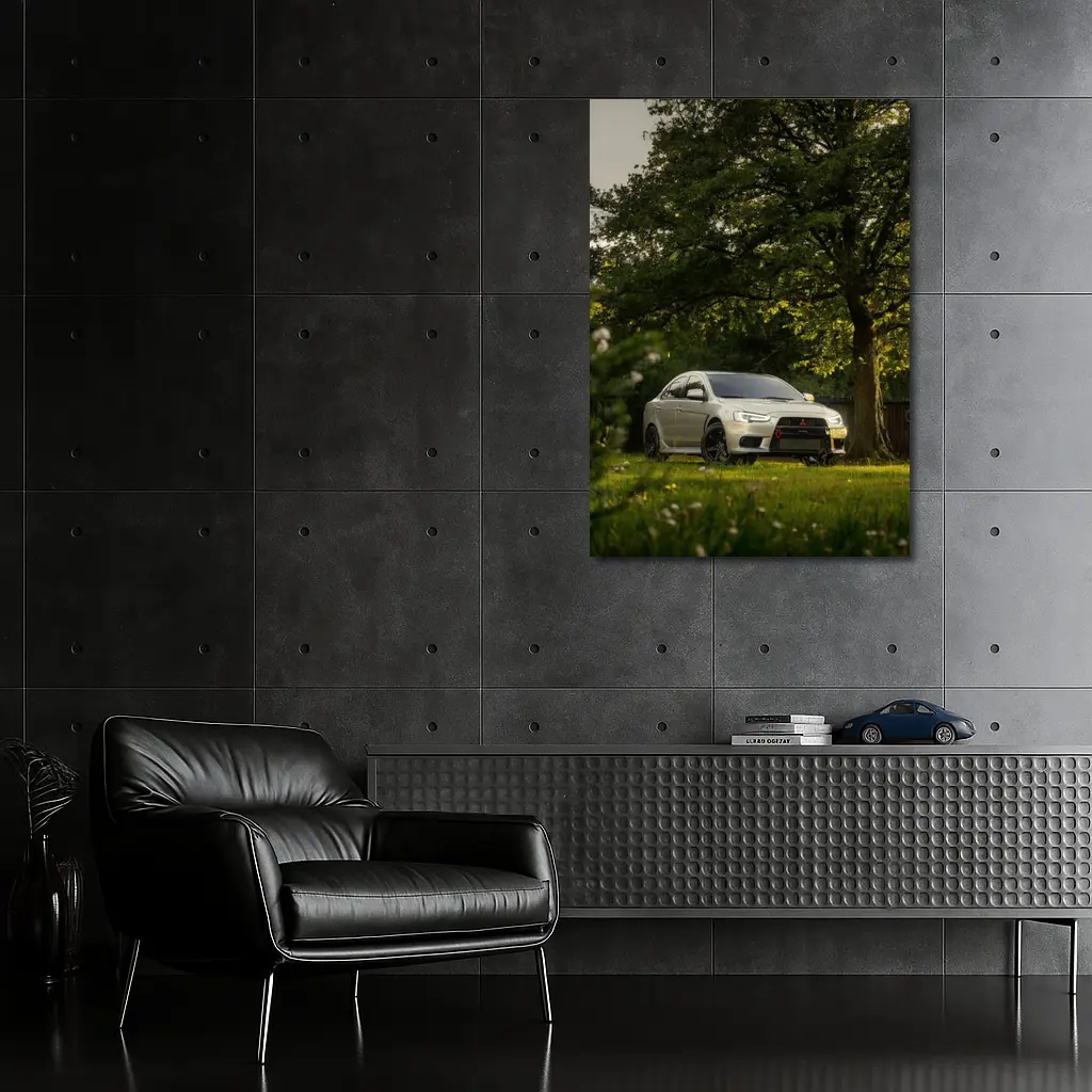Mitsubishi Lancer Evolution Parked Under Green Trees – Wall Art