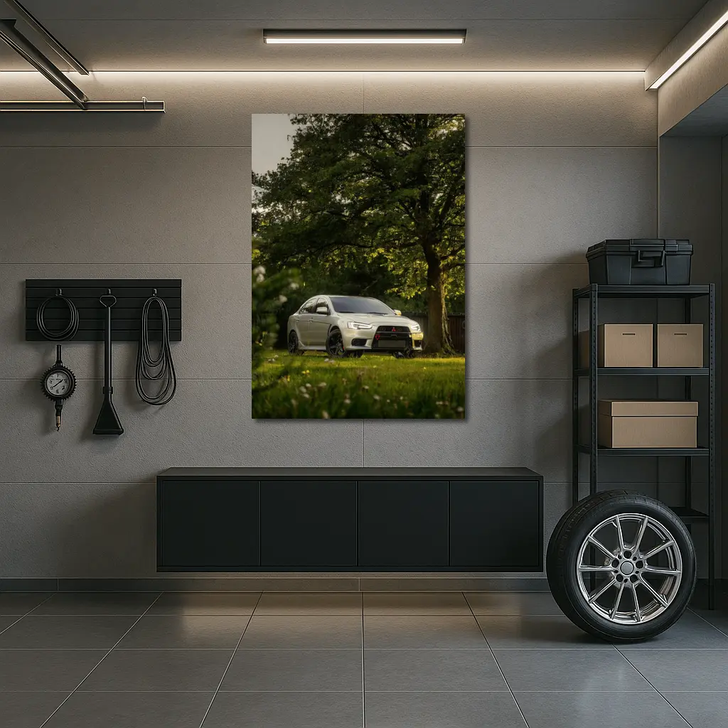 Mitsubishi Lancer Evolution Parked Under Green Trees – Wall Art