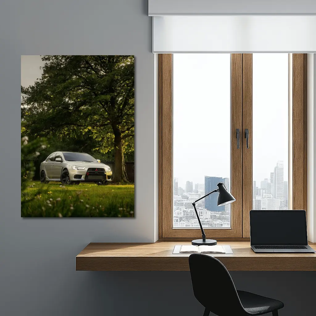 Mitsubishi Lancer Evolution Parked Under Green Trees – Wall Art
