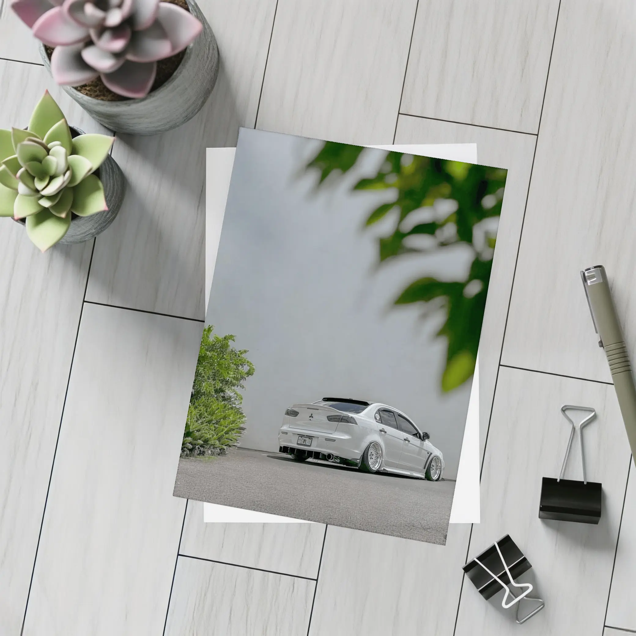 Mitsubishi Lancer White Stance Street Parking – Postcards