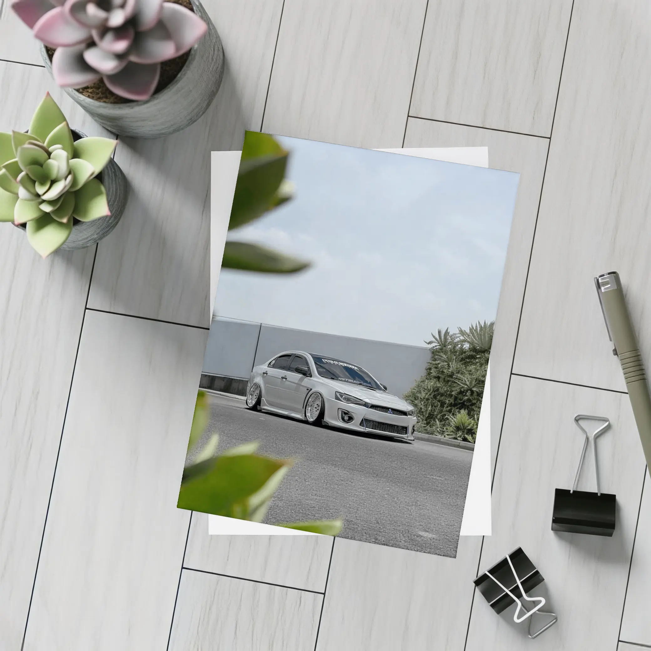Mitsubishi Lancer Bagged White Stance Street – Postcards