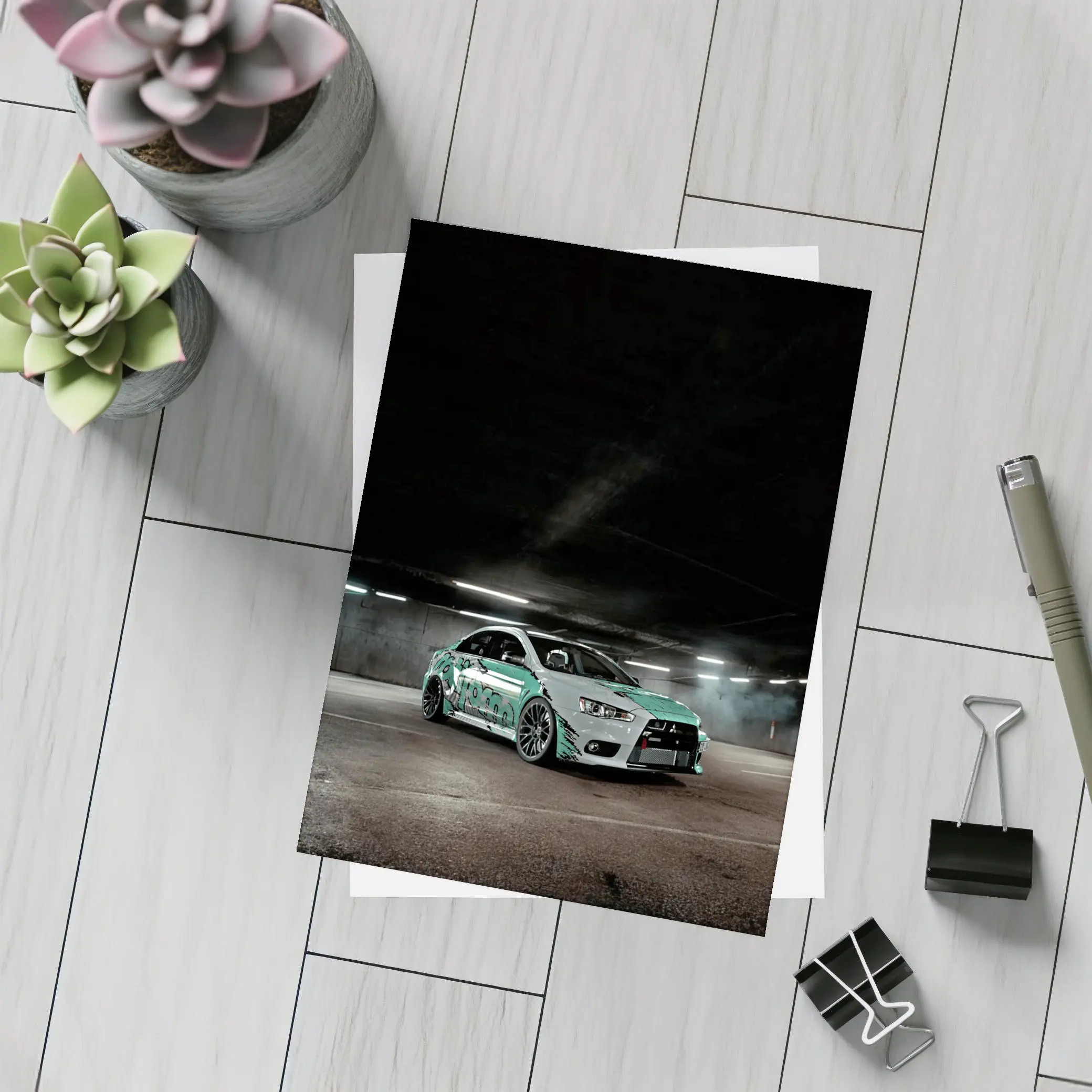 Mitsubishi Lancer Evolution Underground Parking Green Wrap – Postcards