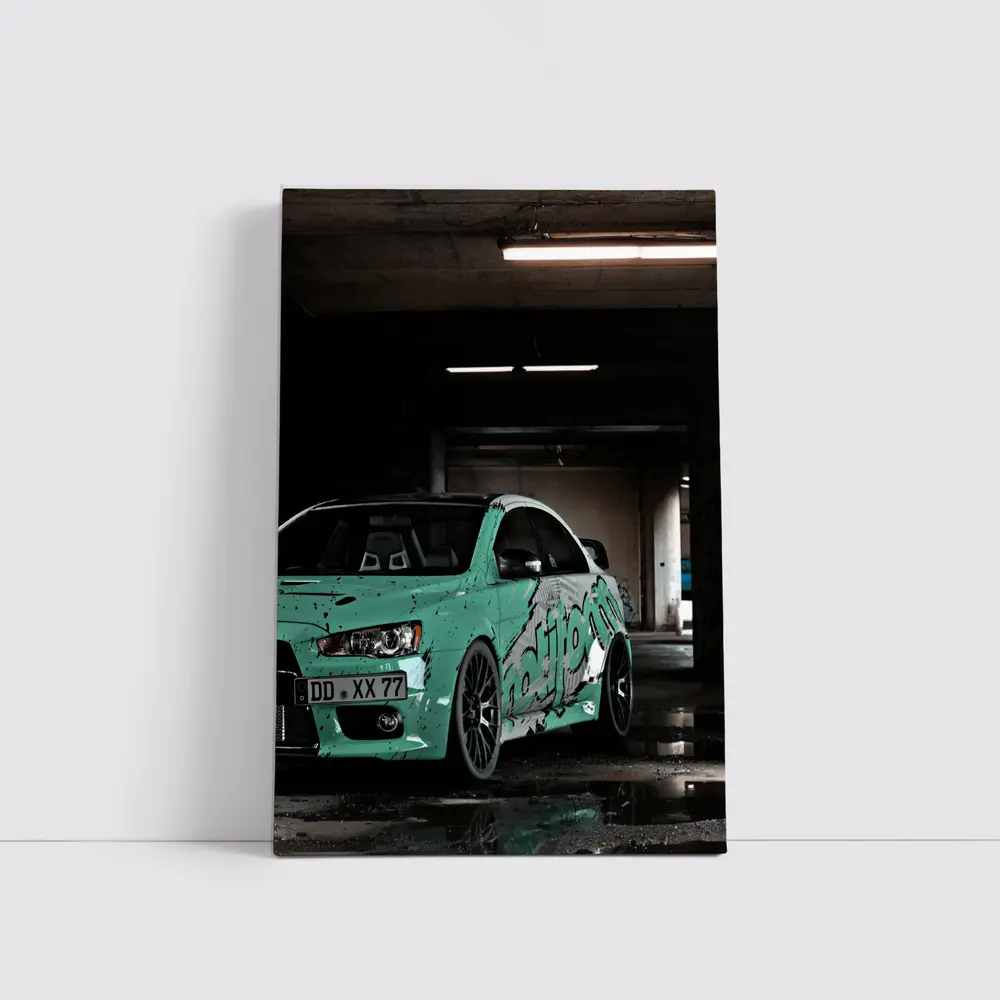 Mitsubishi Lancer Evo Teal Wrap Parking Garage – Wall Art