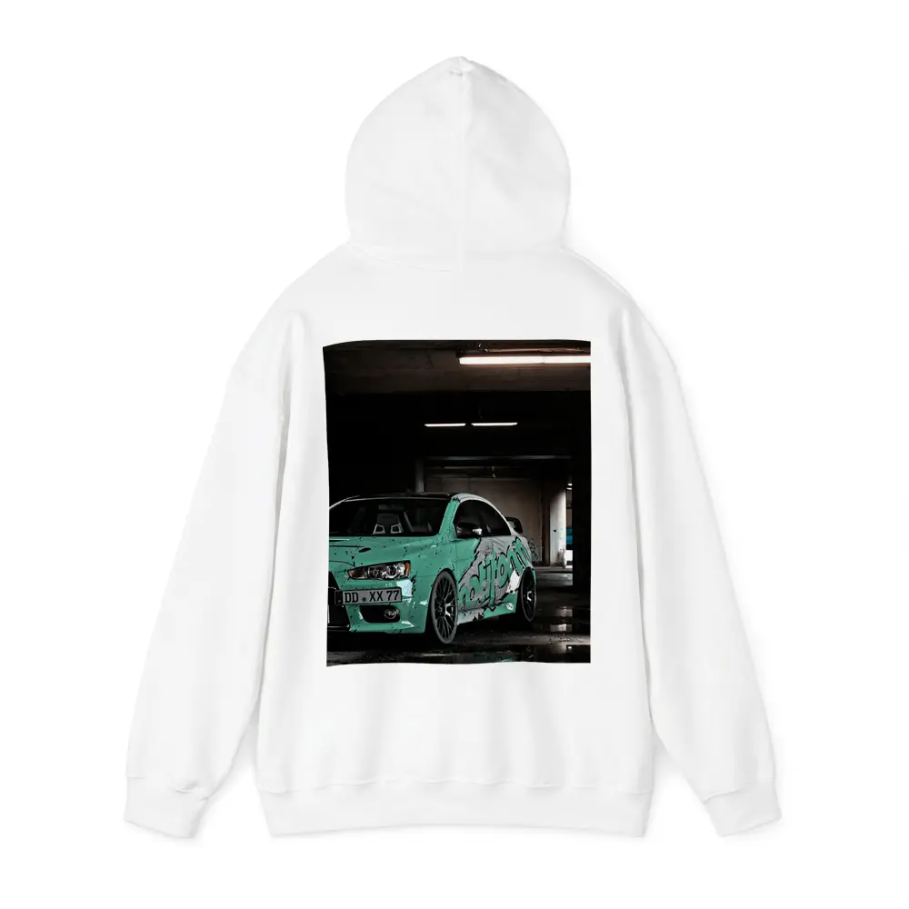 Mitsubishi Lancer Evo Teal Wrap Parking Garage – Hoodies