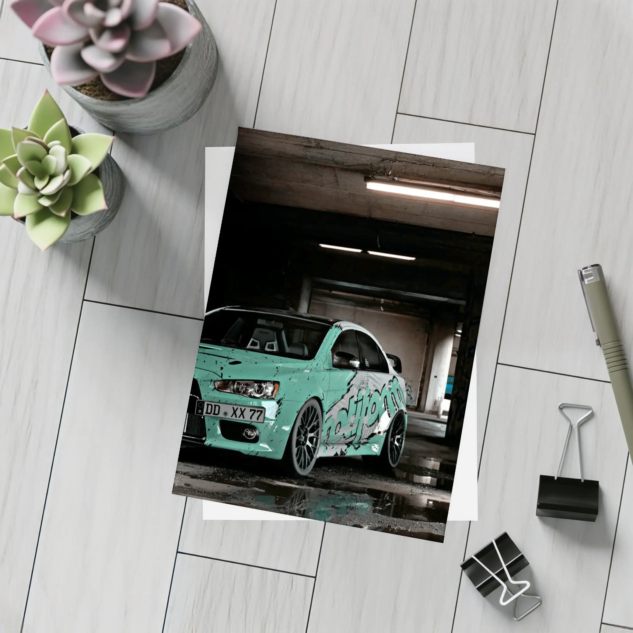 Mitsubishi Lancer Evo Teal Wrap Parking Garage – Postcards