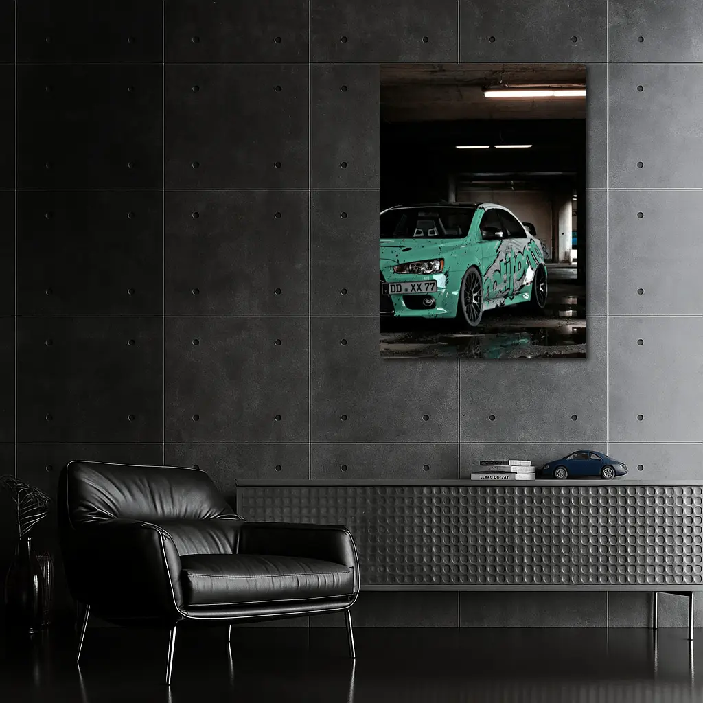 Mitsubishi Lancer Evo Teal Wrap Parking Garage – Wall Art