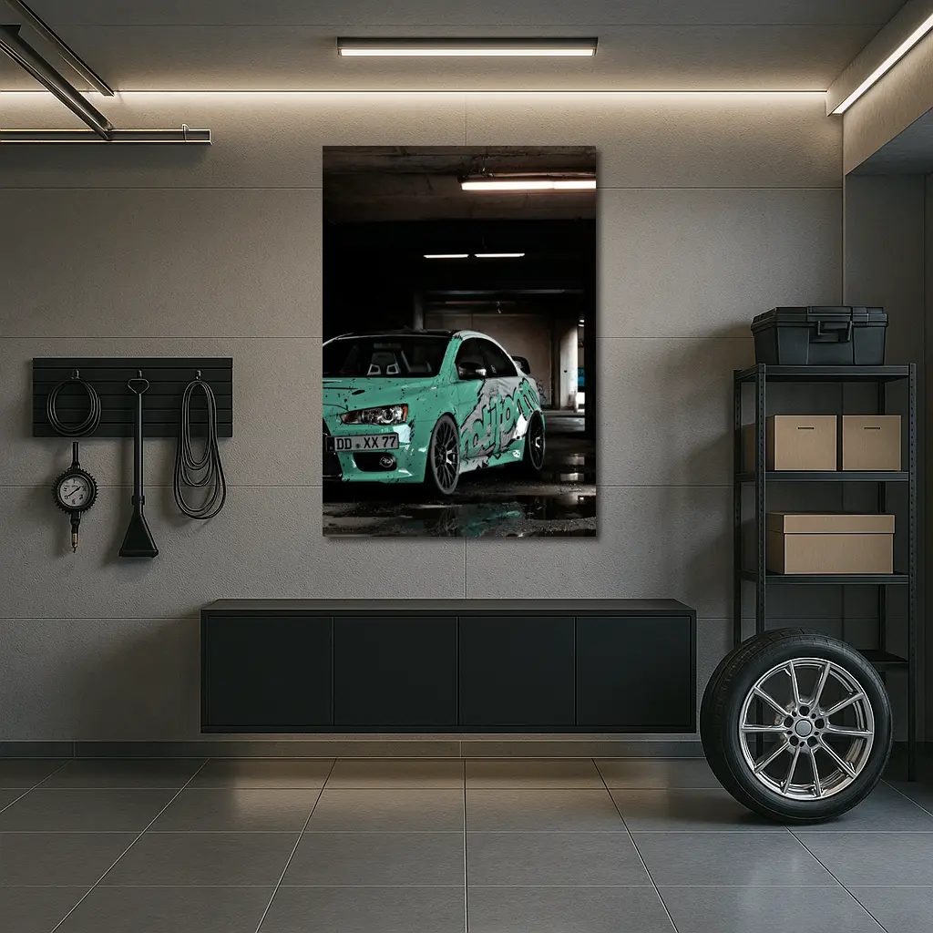 Mitsubishi Lancer Evo Teal Wrap Parking Garage – Wall Art