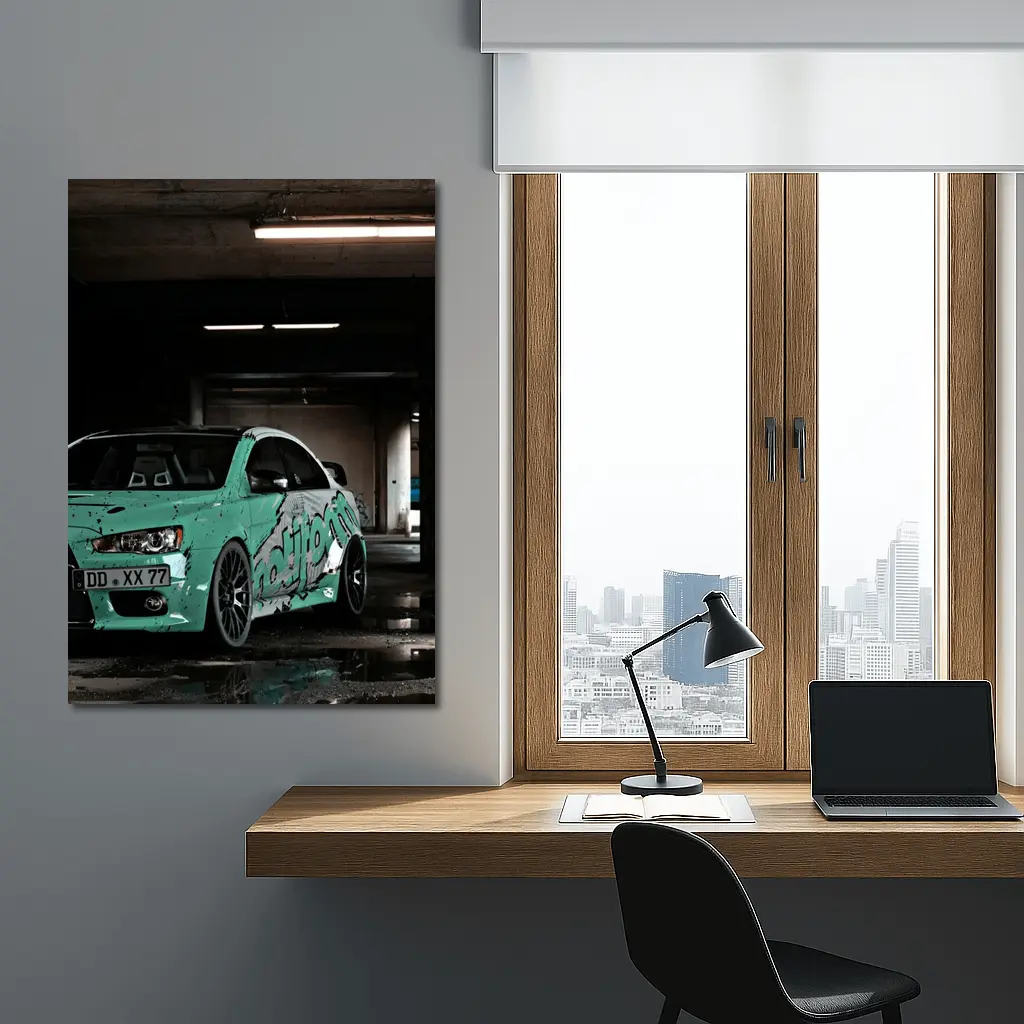 Mitsubishi Lancer Evo Teal Wrap Parking Garage – Wall Art
