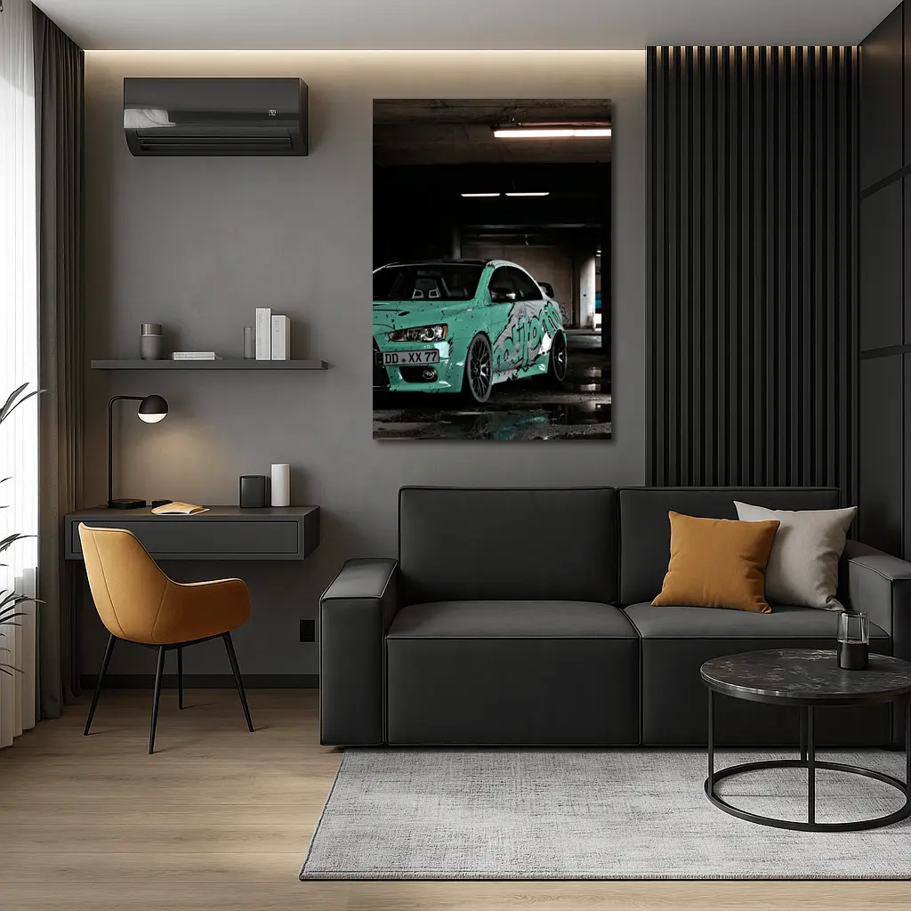 Mitsubishi Lancer Evo Teal Wrap Parking Garage – Wall Art