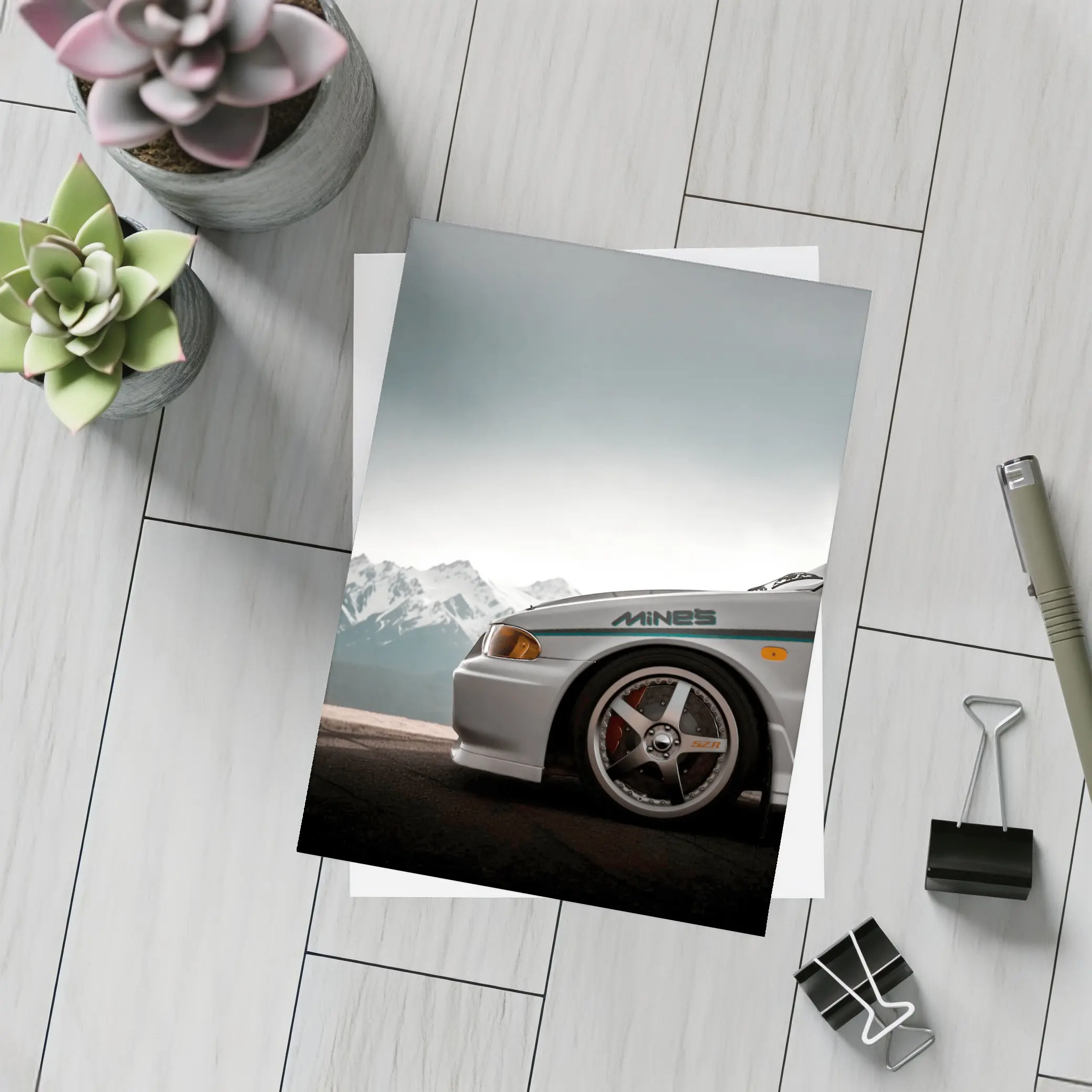 Mitsubishi Lancer Evolution Mountains Gray Sky – Postcards
