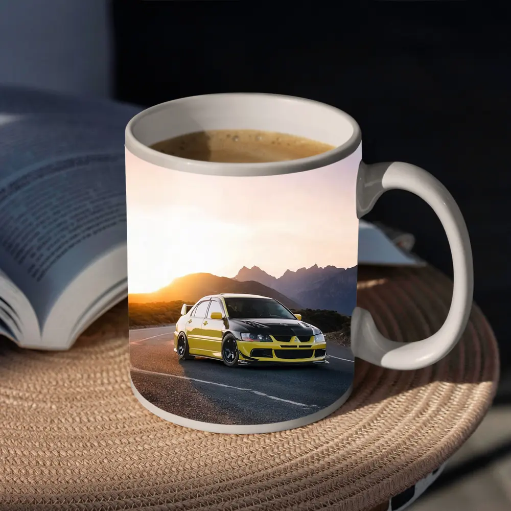 Mitsubishi Lancer Evolution Yellow Mountain Sunset Road – Mugs