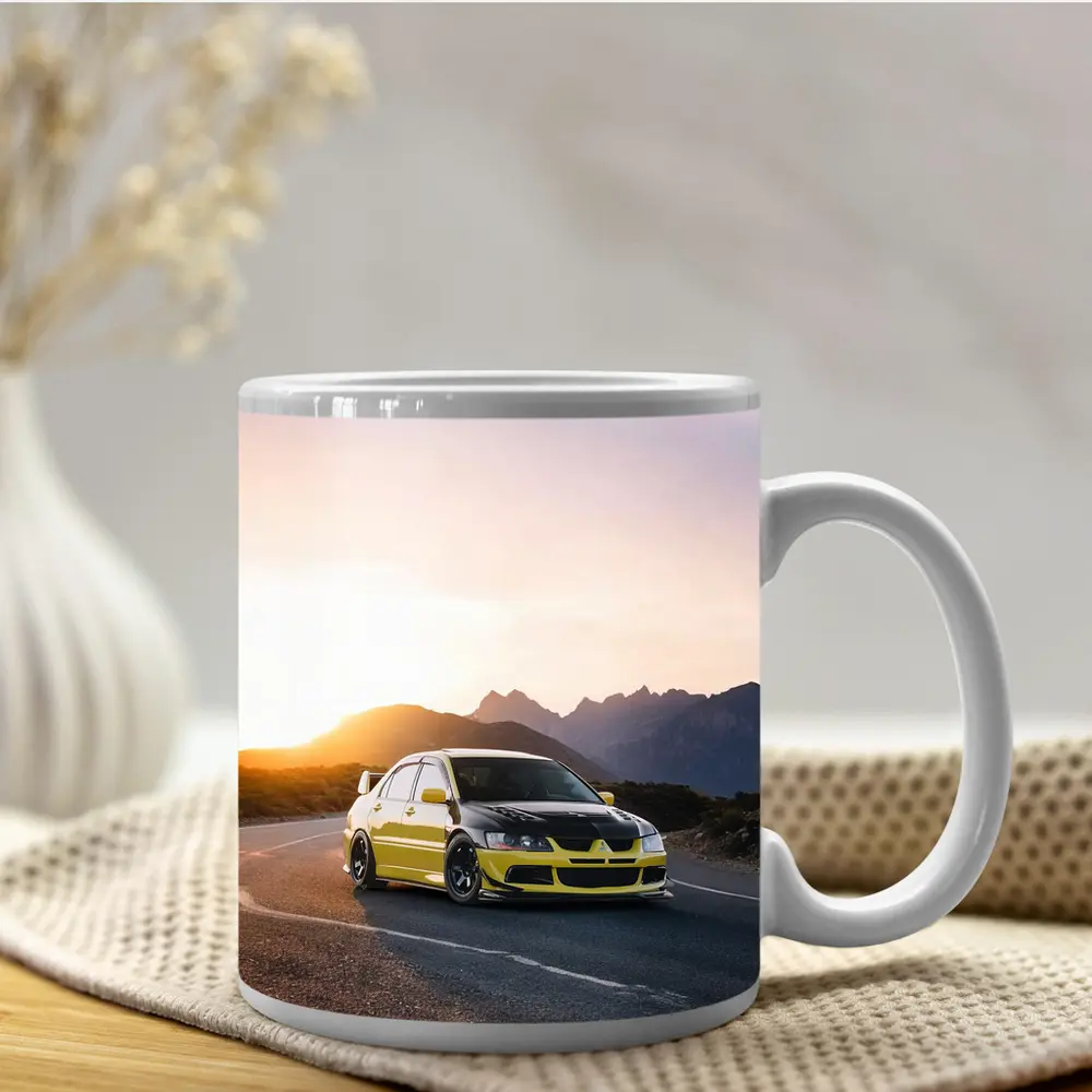 Mitsubishi Lancer Evolution Yellow Mountain Sunset Road – Mugs