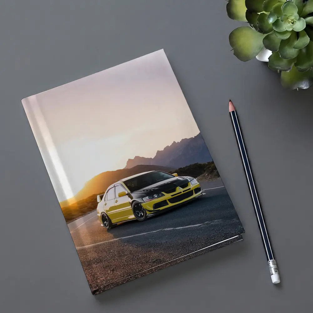 Mitsubishi Lancer Evolution Yellow Mountain Sunset Road – Notebooks