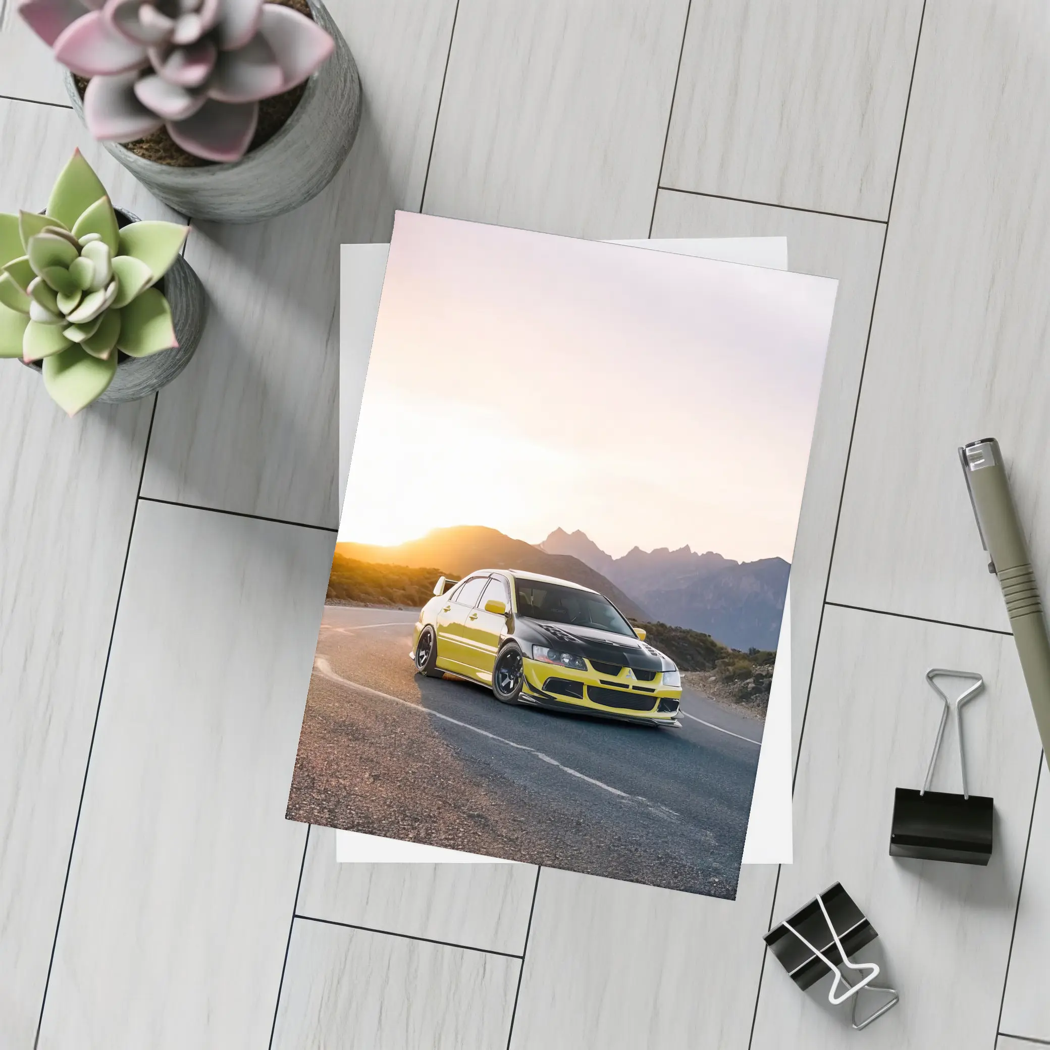 Mitsubishi Lancer Evolution Yellow Mountain Sunset Road – Postcards