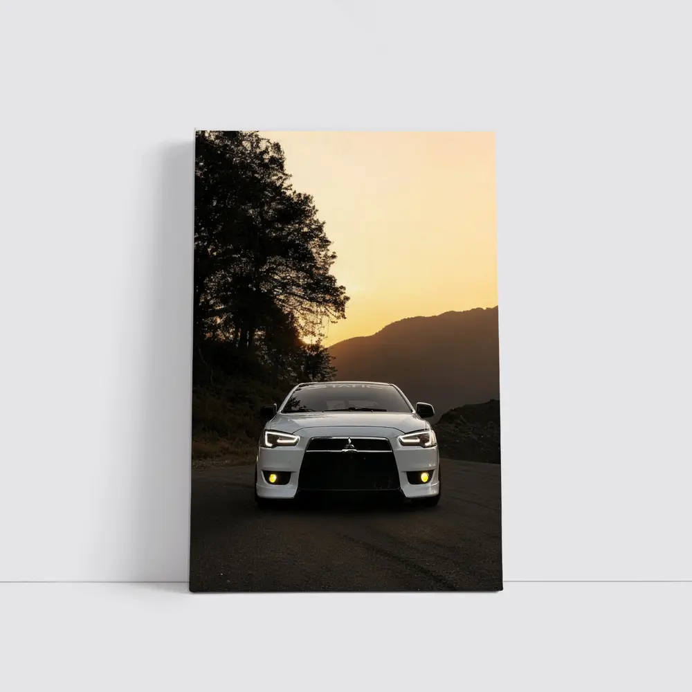 Mitsubishi Lancer White Car Sunset Mountains – Wall Art