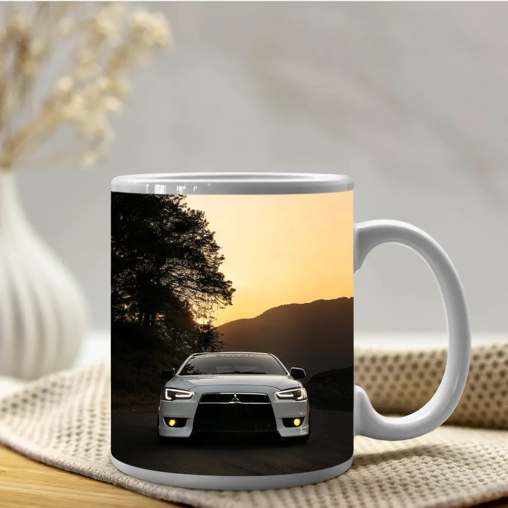Mitsubishi Lancer White Car Sunset Mountains – Mugs